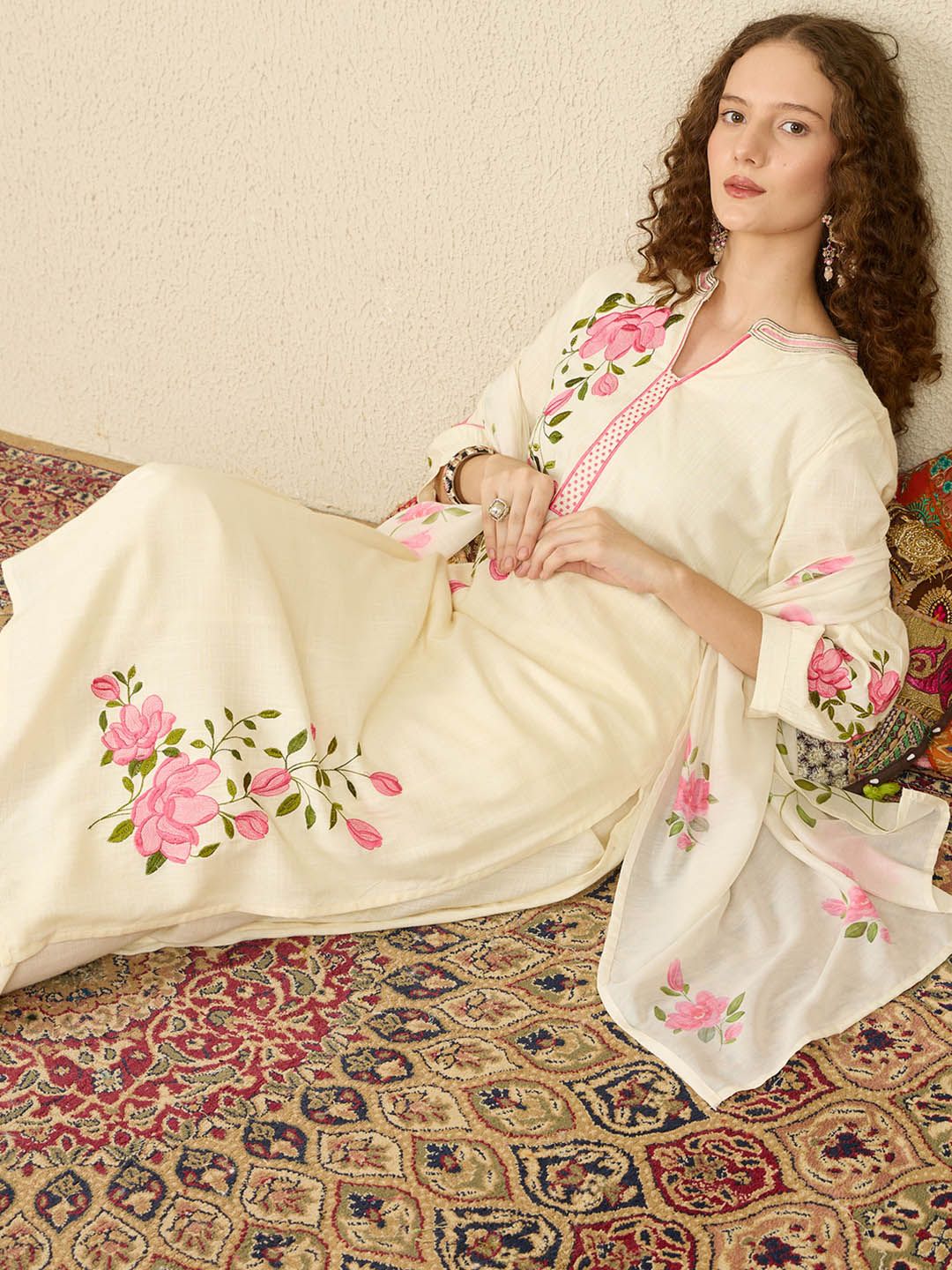 Indo Era Floral Embroidered Notch Neck Straight Kurta with Trousers & Dupatta