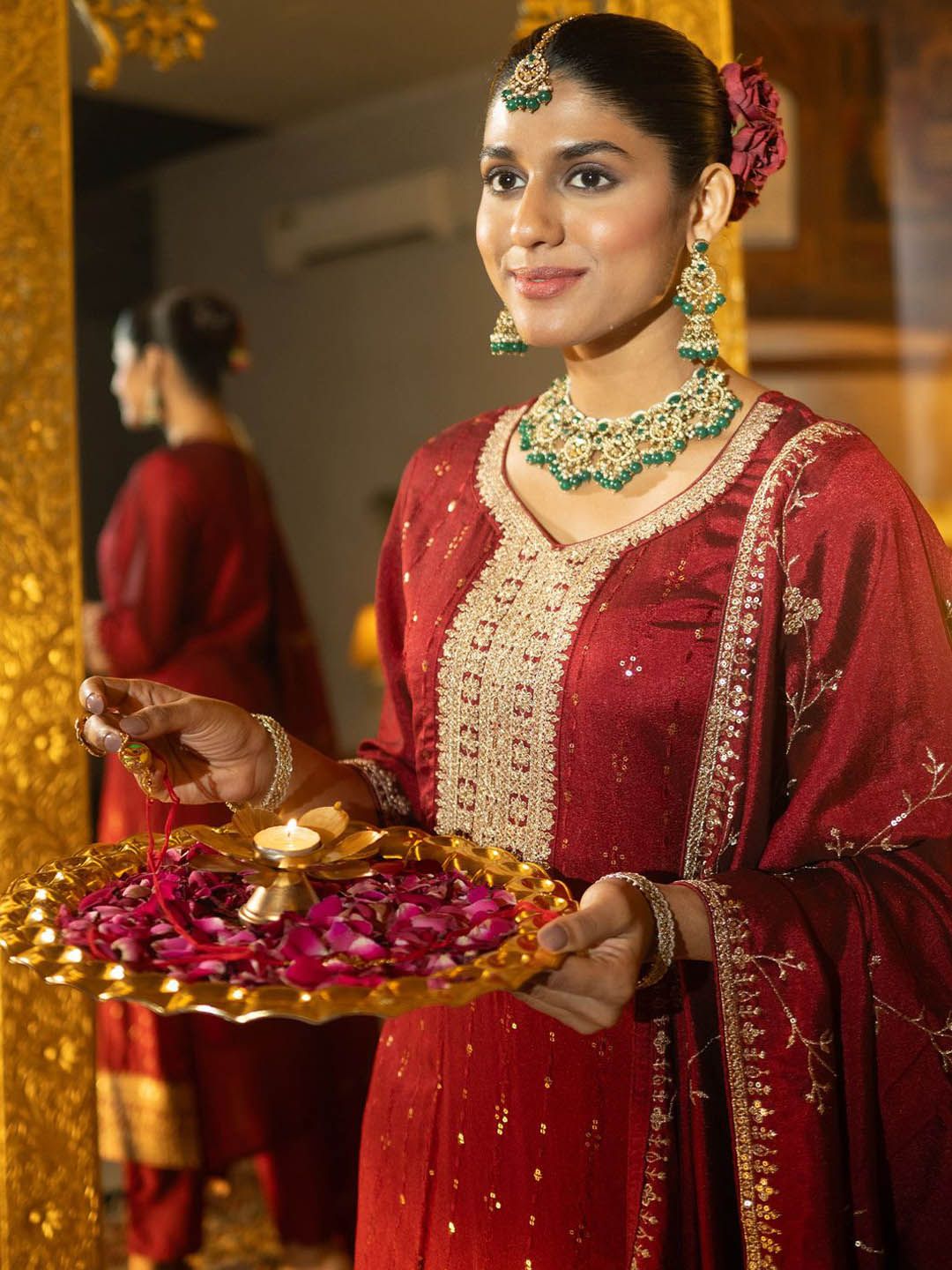 Indo Era Women Floral Embroidered Sequinned Straight Kurta With Trousers & Dupatta