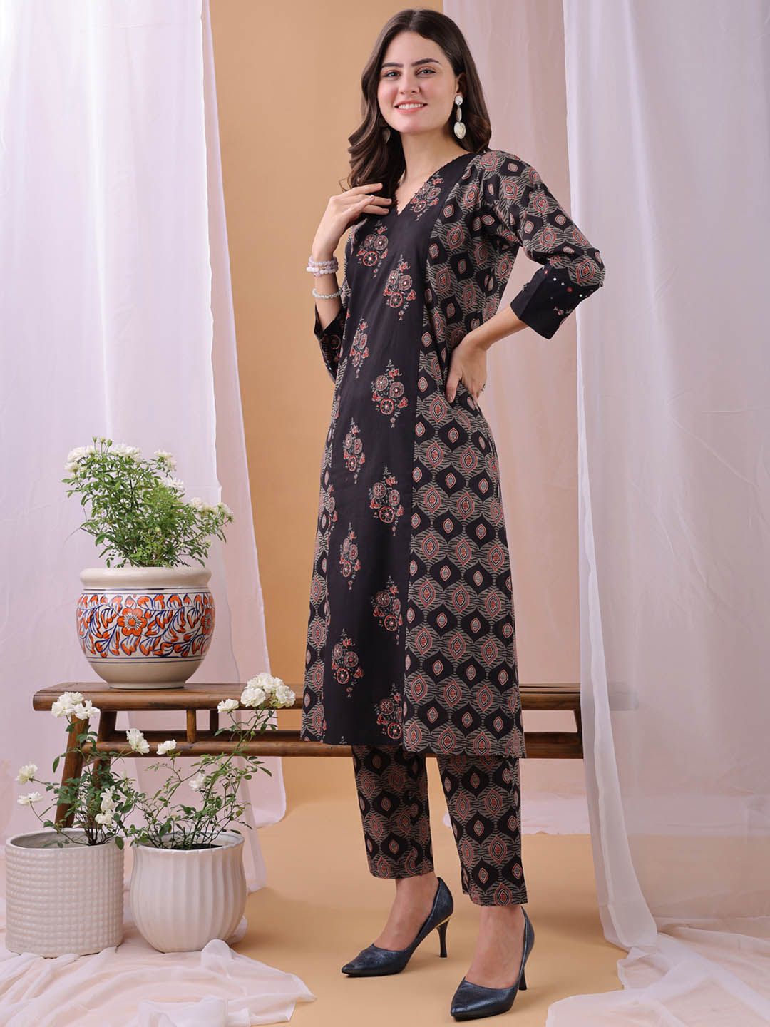 Brown Ajrakh Print Cotton Maternity Kurta with Trouser and Dupatta main image 1