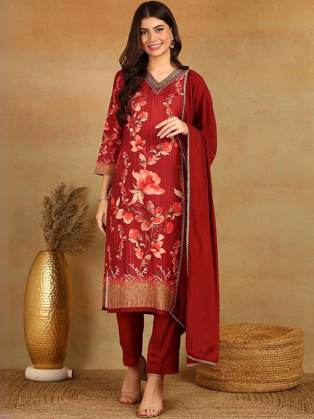 KALINI Women Maroon Cotton Blend Kurta Sets