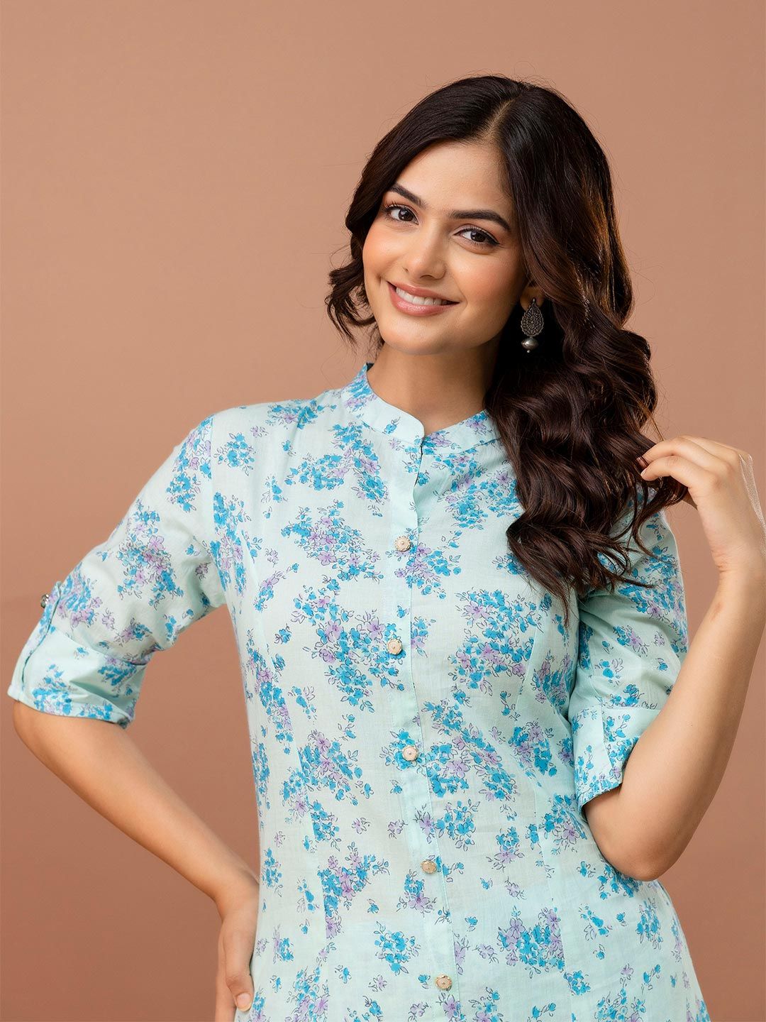 Anouk Rustic Women Floral Printed High Slit Aari Work Pure Cotton Kurta with Palazzos