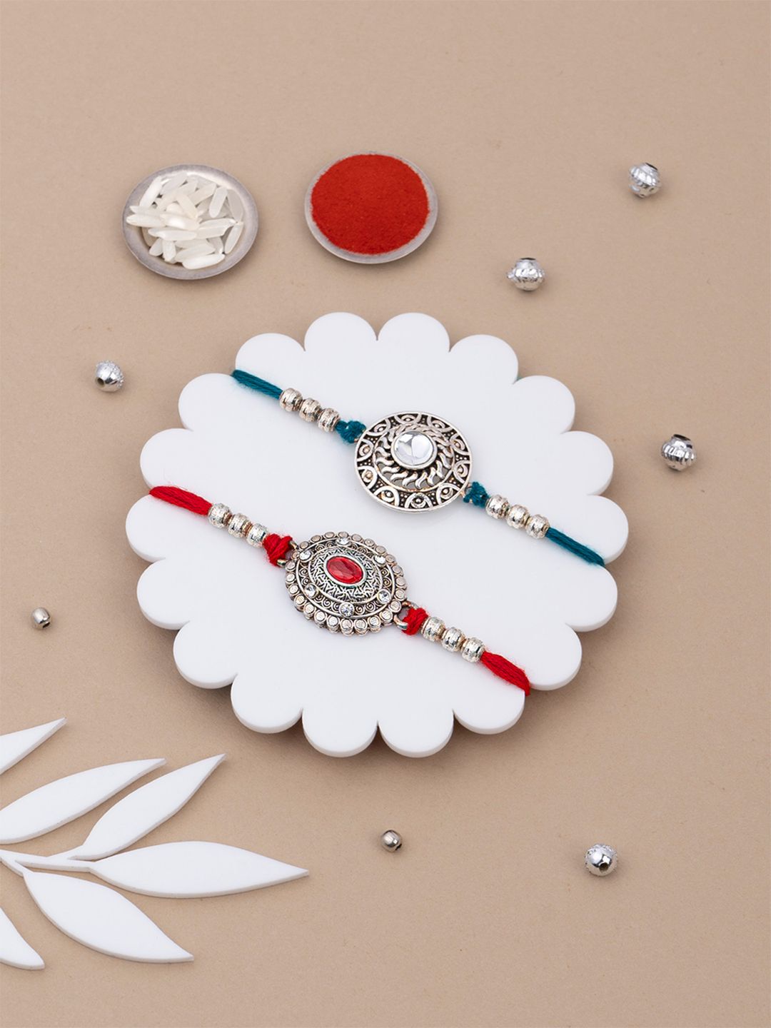 Dore Set of 2 Antique Oxidized Silver & Crystal Rakhi with Roli Chawal-image-3