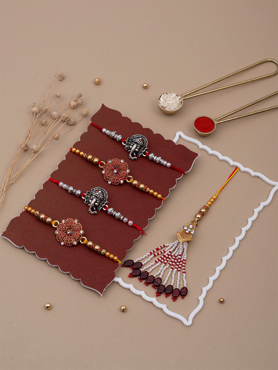 Dore Set of 5 Ganesha & Floral Lumba Rakhi with Roli Chawal for Family-picture-34