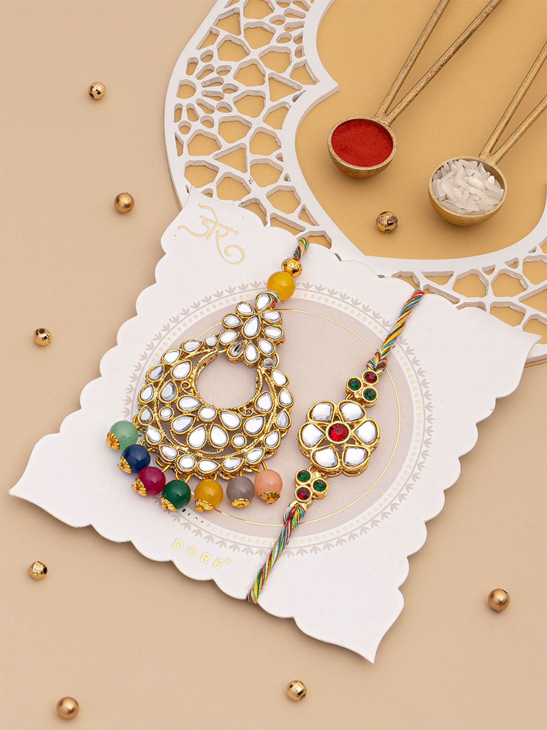 Dore Elegant Jaipuri Kundan Bhaiya Bhabhi Rakhi Set with Roli Chawal Rituals-picture-16