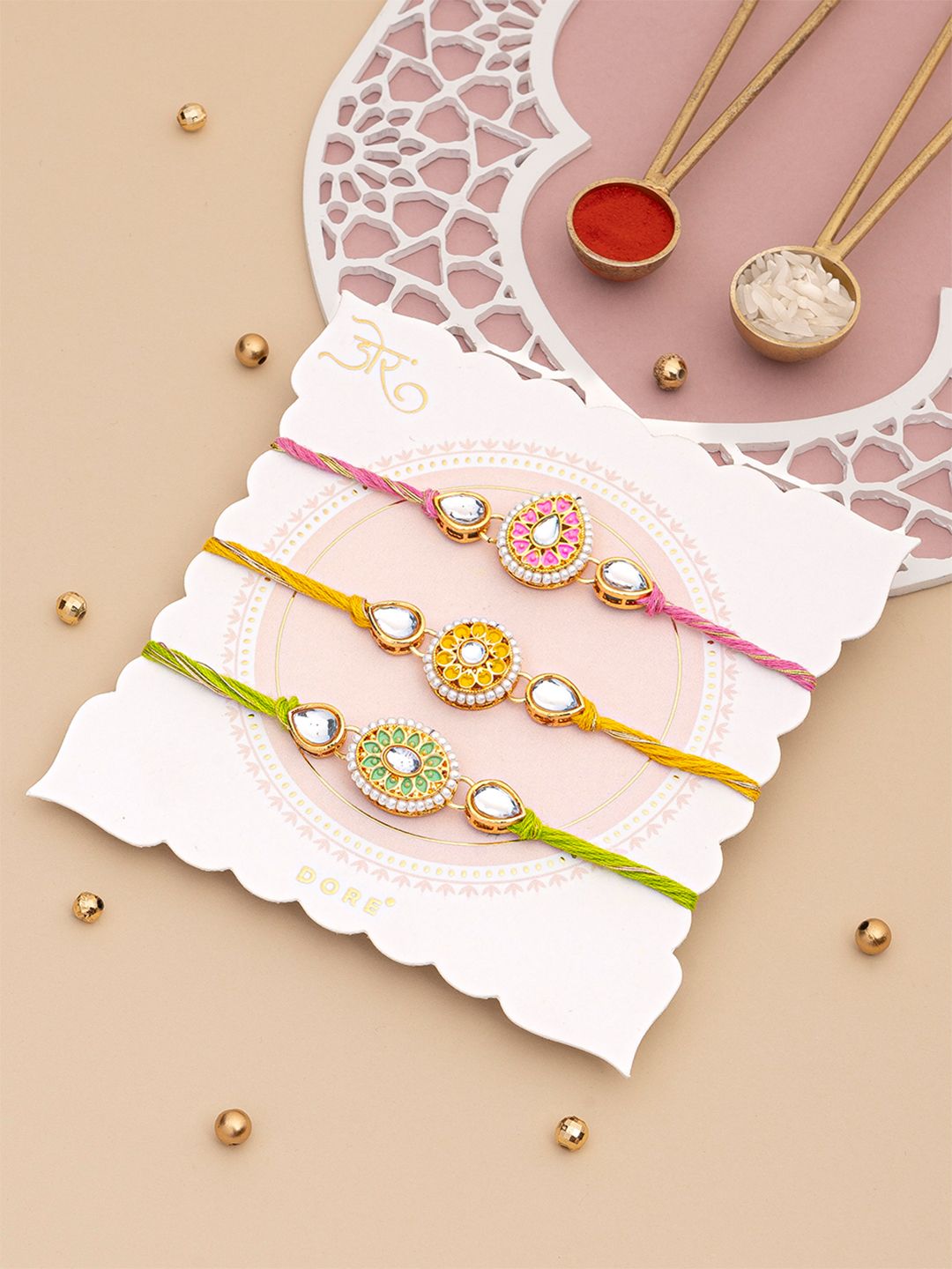 Dore Set of 3 Jaipuri Kundan & Pearl Jaipuri Meenakari Thread Rakhi with Roli Chawal-picture-26