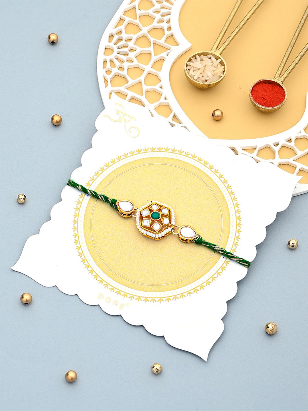 Dore Emerald Green & Golden Toned Jaipuri Kundan Rakhi with Roli Chawal-picture-33
