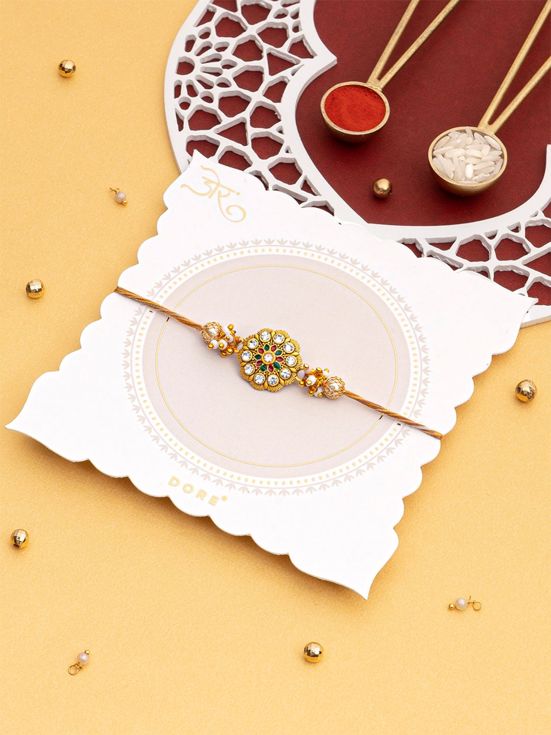 Dore Traditional Floral Jaipuri Kundan Designer Rakhi with Roli Chawal for Brother-picture-14