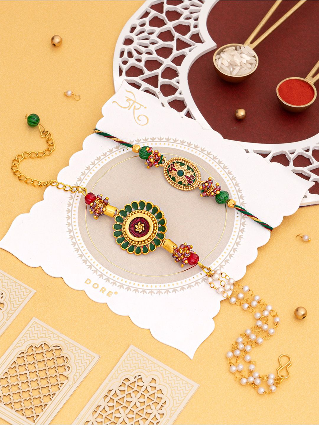 Dore Regal Green Jaipuri Meenakari Bhaiya Bhabhi Rakhi Set with Roli Chawal-picture-41