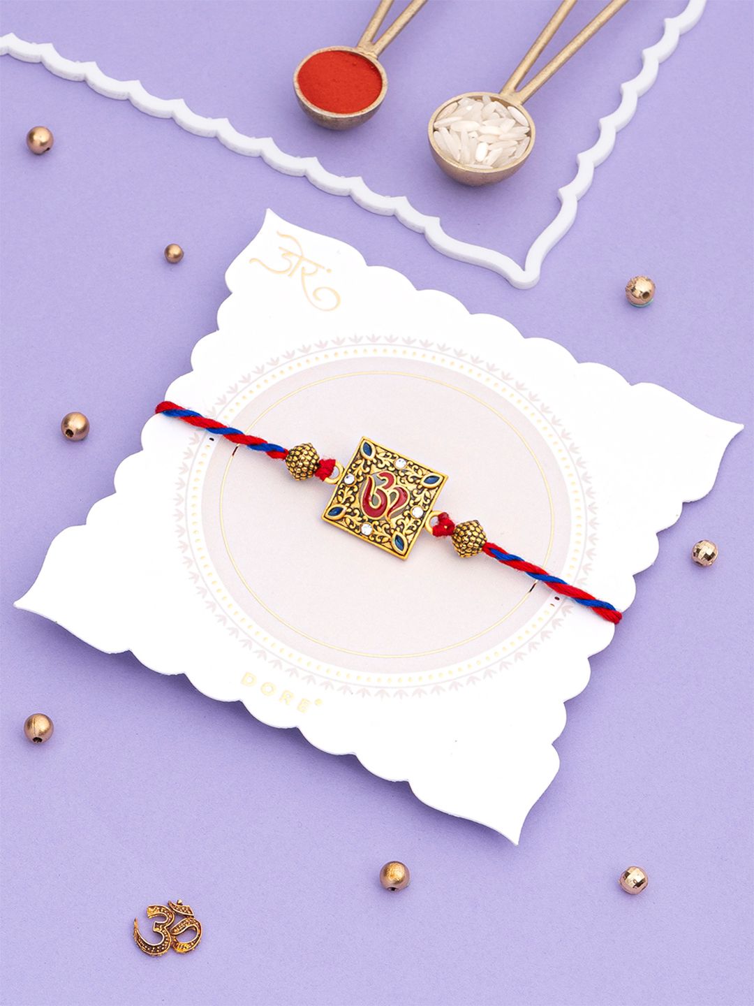 Dore Golden Toned Set Om Jaipuri Meenakari Square Rakhi with Roli Chawal-picture-35