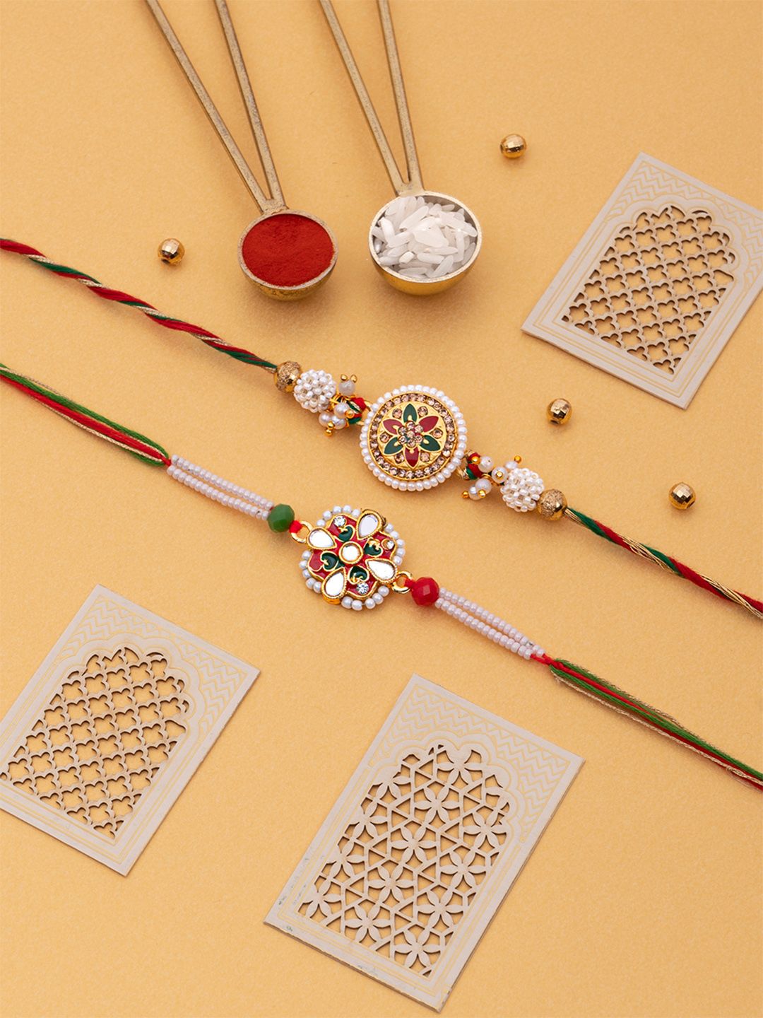 Dore Set of 2 Traditional Jaipuri Kundan & Meenakari Rakhi with Roli Chawal Kit-picture-13
