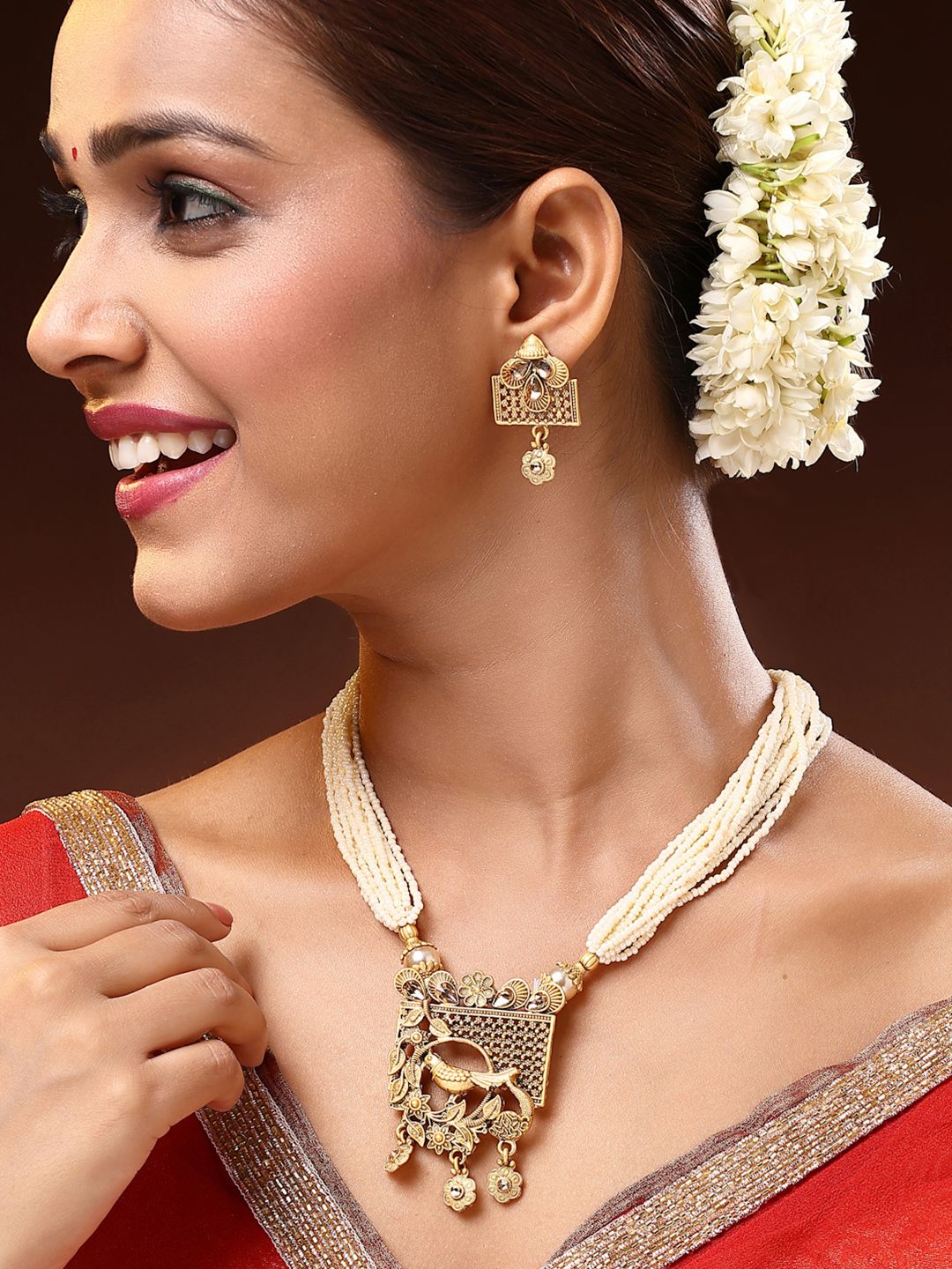 ADIVA 22K Gold-Plated Engraved Bird Pendant Kundan Stone Studded & Pearls BeadedJewellery-picture-10