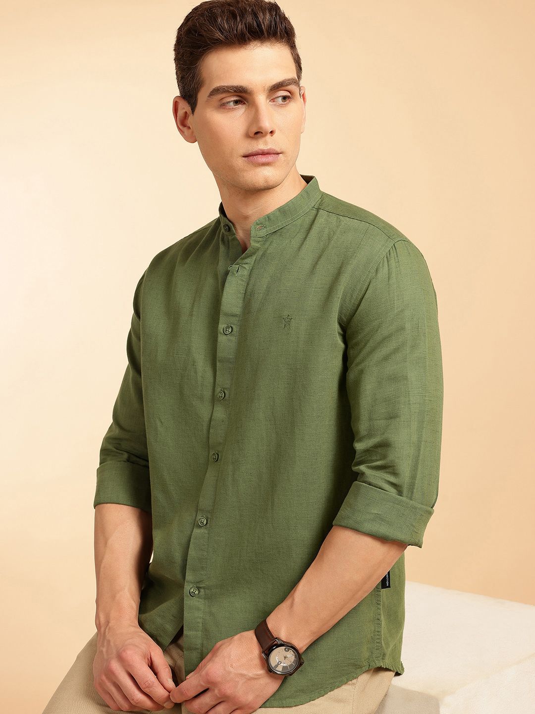 French Connection Slim Fit Mandarin Collar Linen Shirt-picture-22