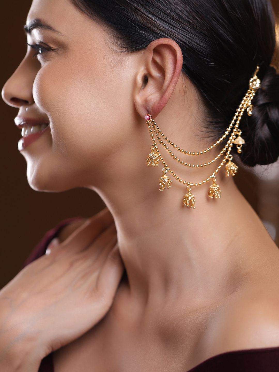 Rubans 22K Gold-Plated Triple Layer Ear Kan Chain with Ghungroo Jhumka Drops-picture-13