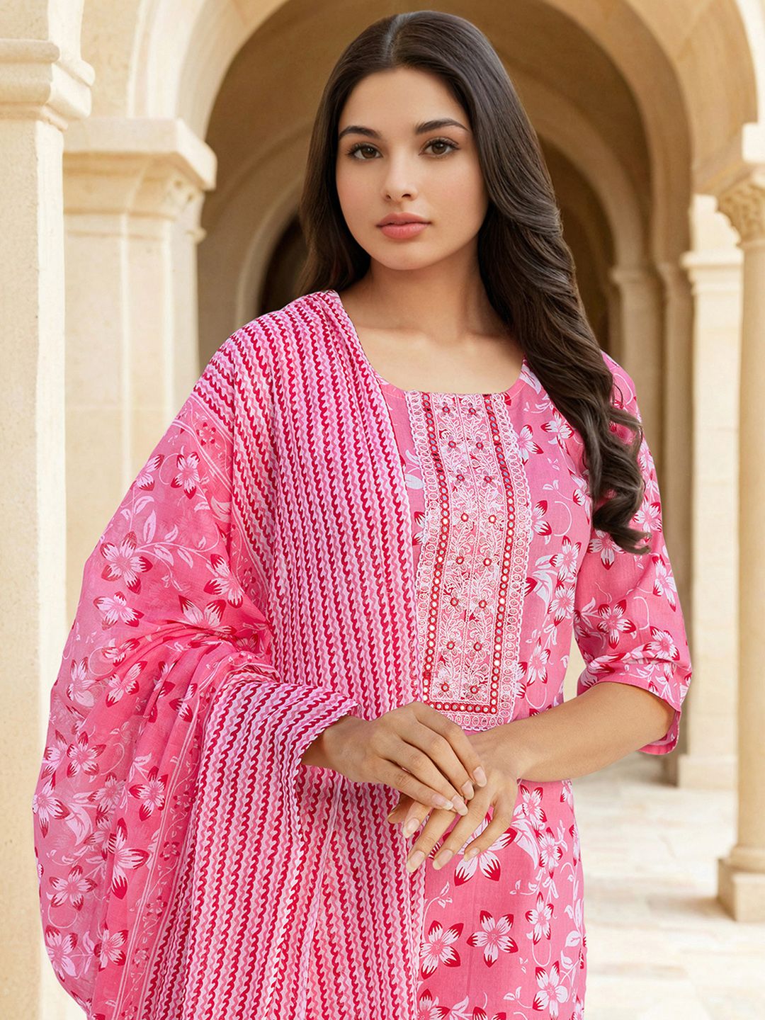 SANISA Floral Printed Mirror Work Straight Kurta With Trousers & Dupatta