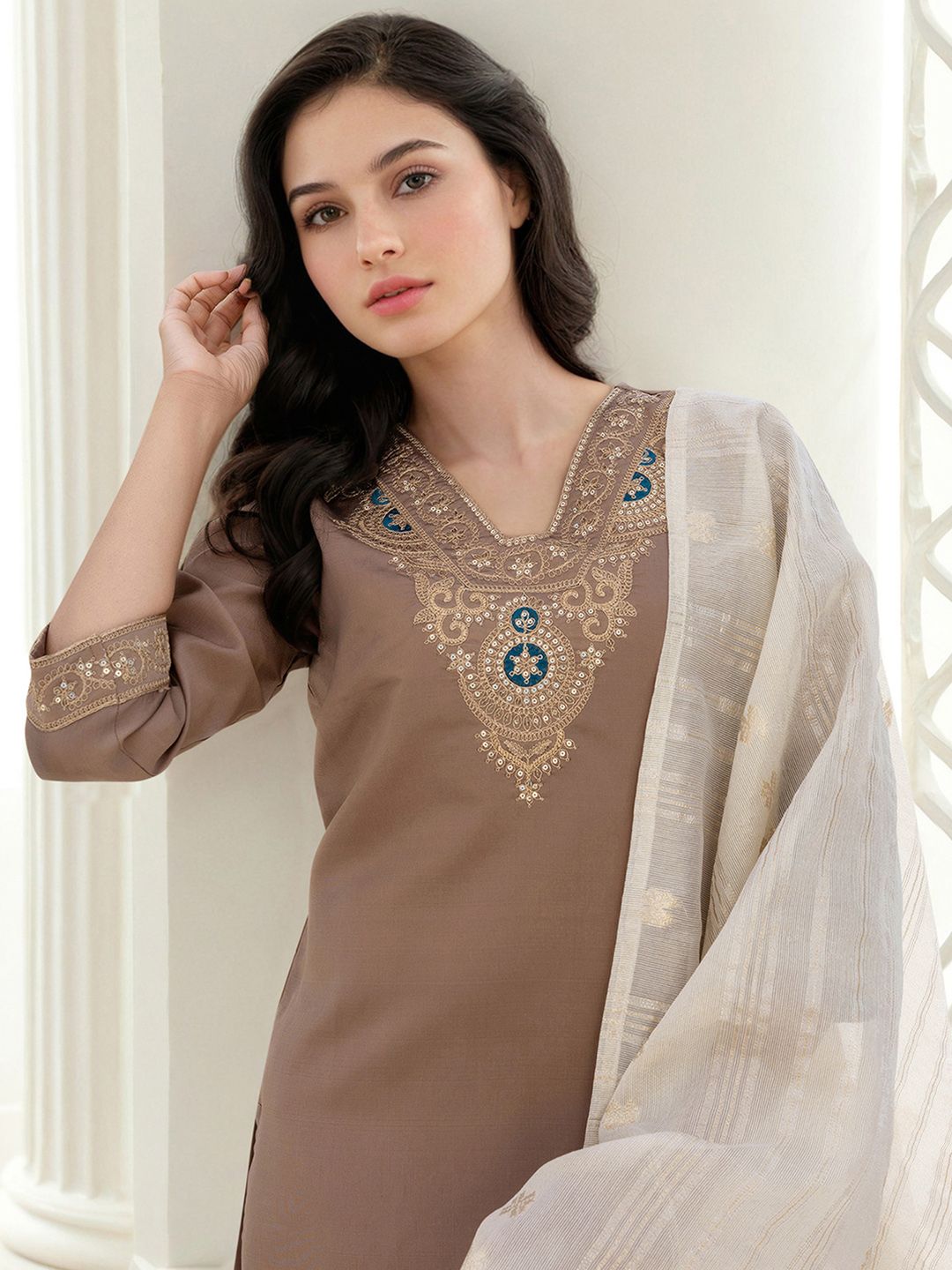 SANISA Ethnic Motifs Yoke Design Sequnnied Straight Kurta With Trousers & Dupatta