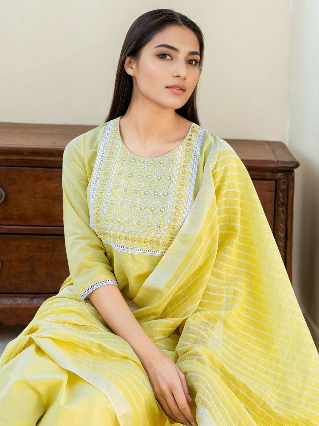 SANISA Floral Yoke Deisgn Round Neck Mirror Work Straight Kurta & Trousers With Dupatta