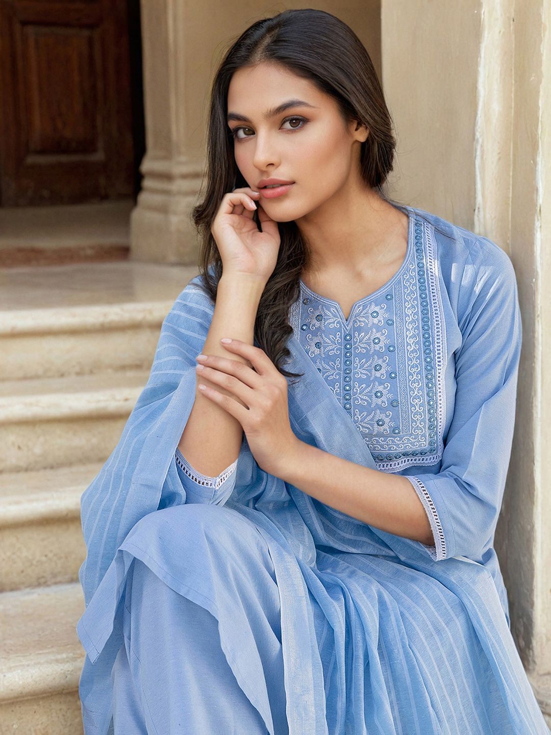 SANISA Ethnic Motifs Yoke Design Sequnnied Straight Kurta With Trousers & Dupatta