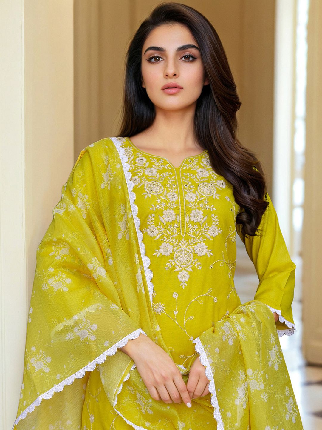 SANISA Ethnic Motifs Embroidered Sequnnied Straight Kurta With Trousers & Dupatta