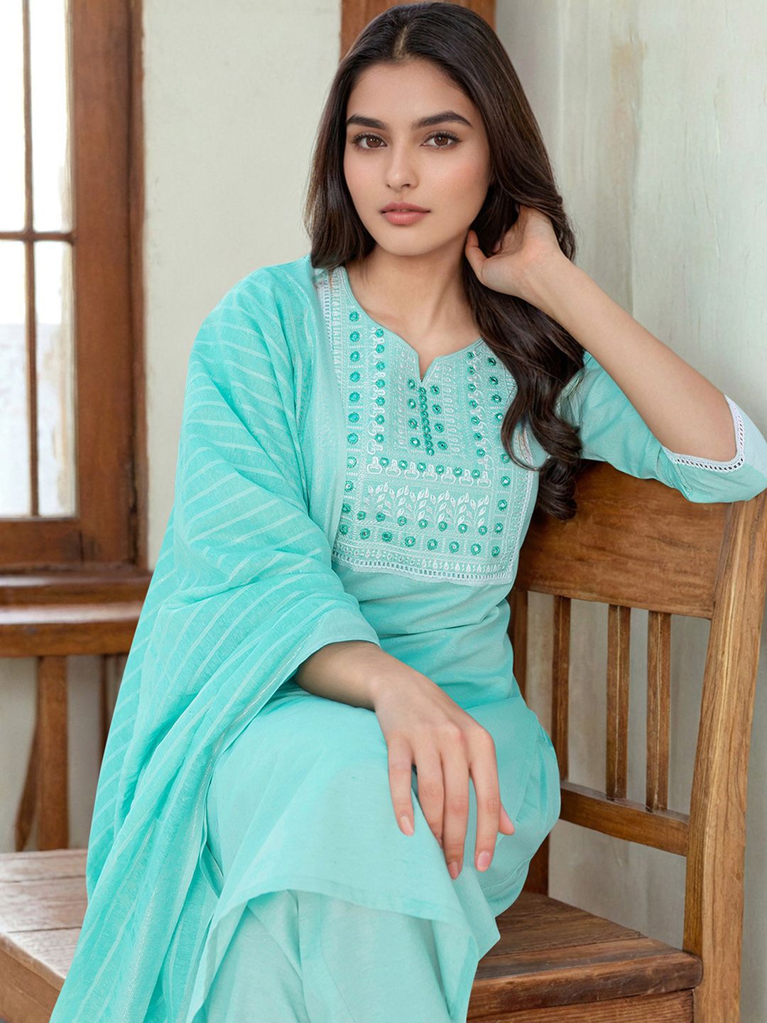 SANISA Floral Embroidered Notch Neck Kurta With Trousers & Dupatta