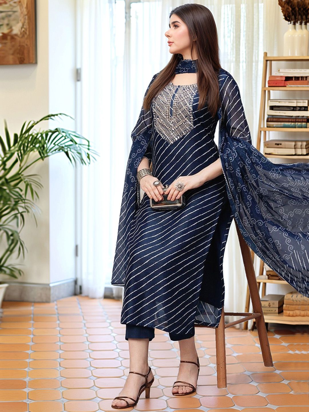 Aaghnya Women Striped Embroidered Kurta with Trousers & Dupatta