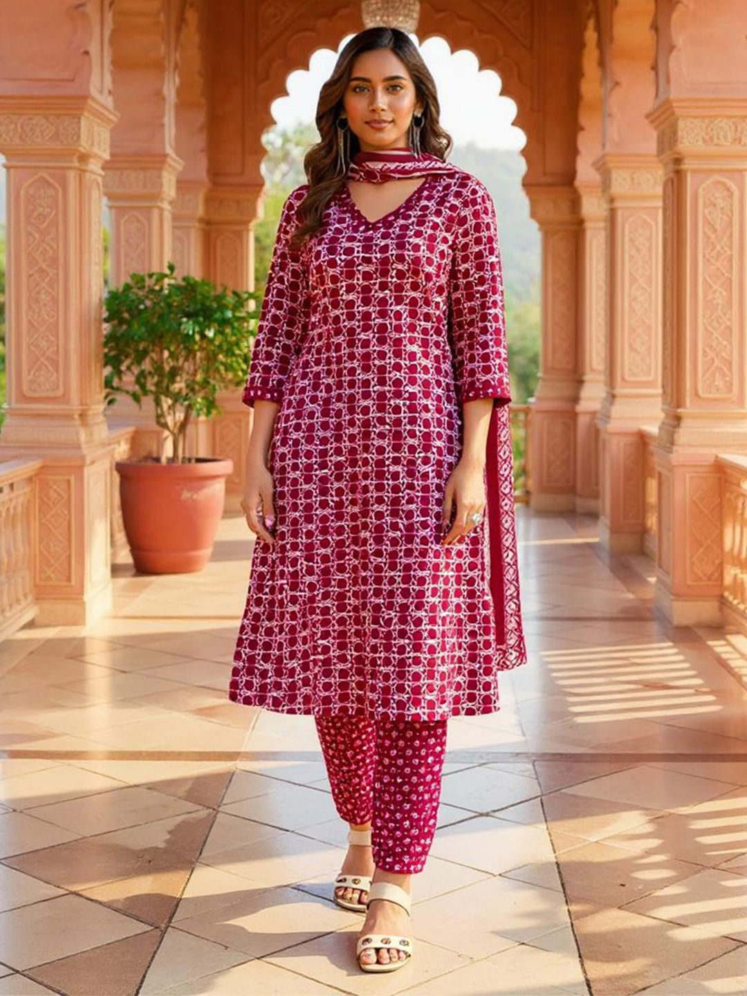 SZN Floral Printed V-Neck Straight Kurta With Trouser And Dupatta