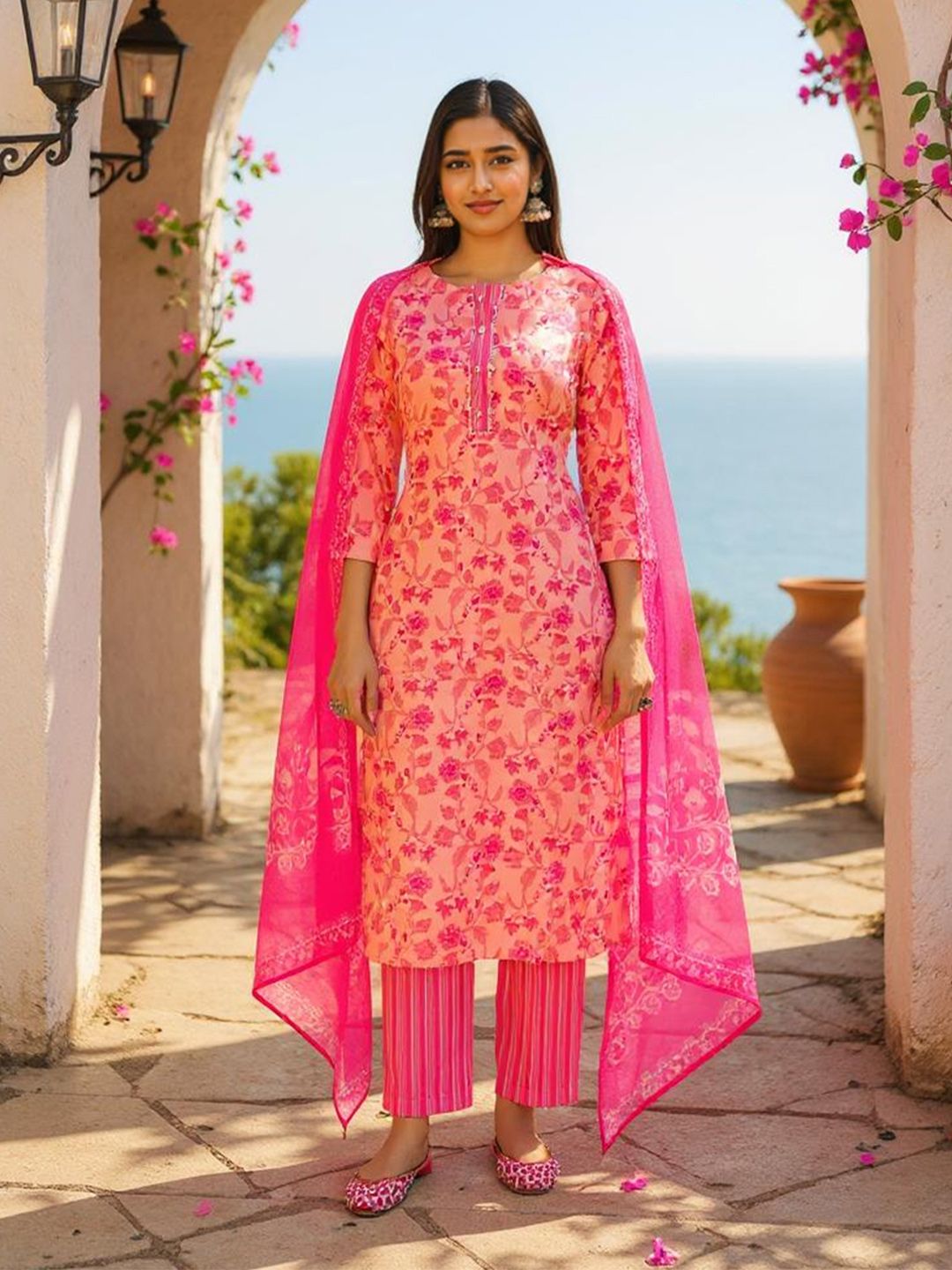 SZN Floral Printed Notch-Neck Straight Kurta With Trousers And Dupatta