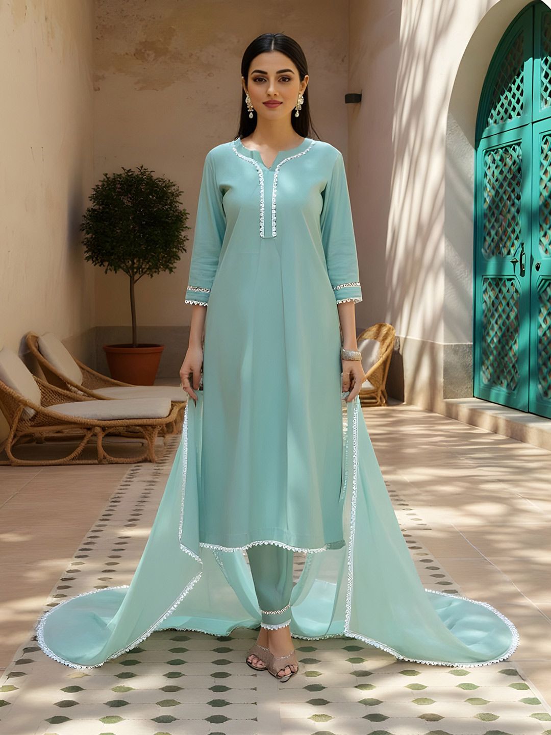 SZN Notch Neck Straight Kurta With Trousers And Dupatta