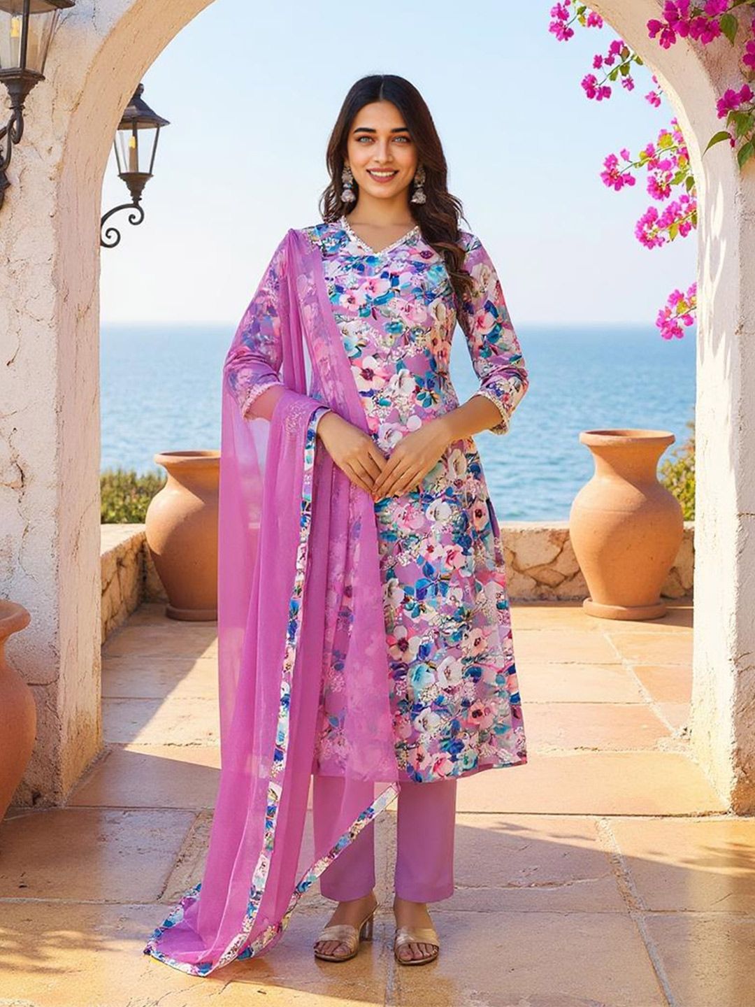 SZN Floral Printed V-Neck Straight Kurta With Trousers And Dupatta