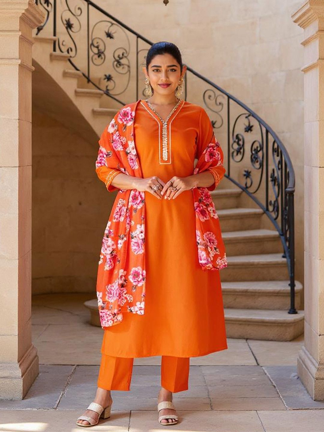 SZN Women V-Neck Pure Silk Gotta Patti Kurta with Trousers & With Dupatta