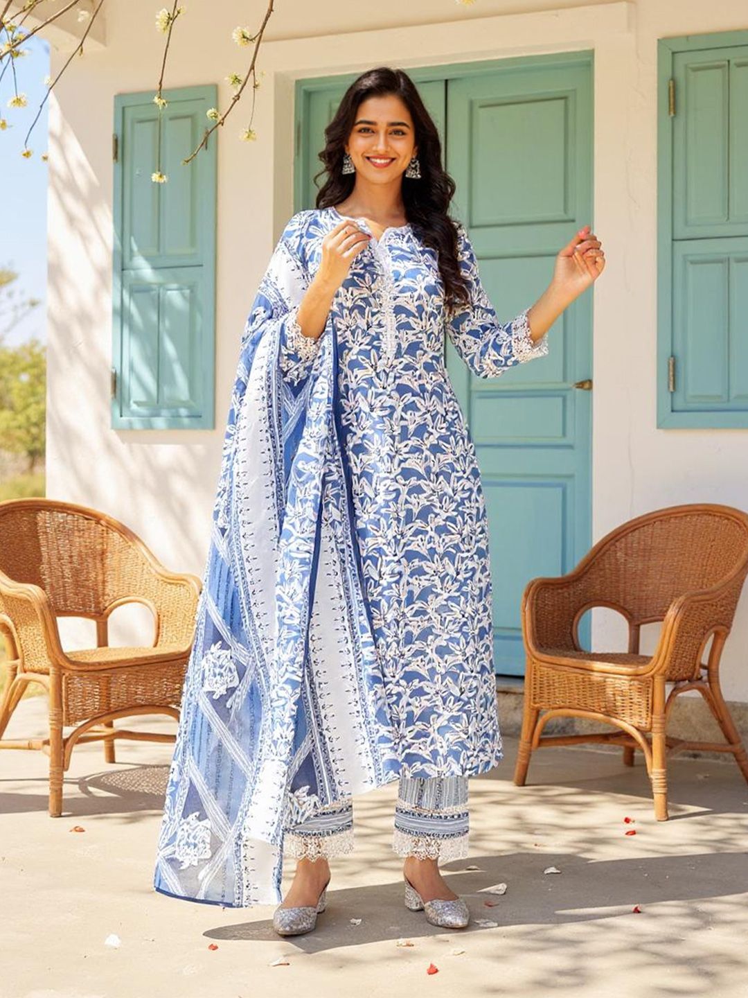 SZN Women Floral Cotton Blend Kurta with Trousers & With Dupatta