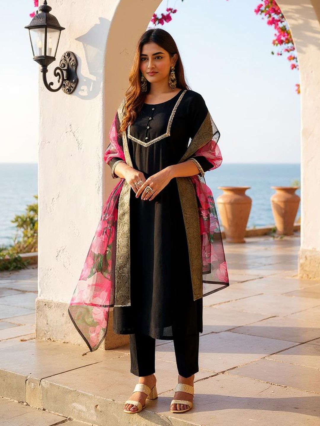 SZN Yoke Design Round Neck Pure Silk Straight Kurta With Trousers And Dupatta