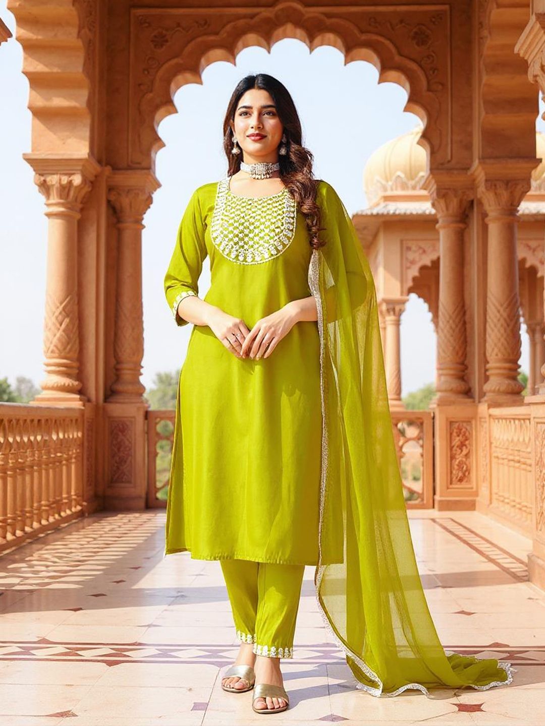 SZN Women Olive Women Ethnic Motifs Yoke Design Kurta with Trousers & Dupatta