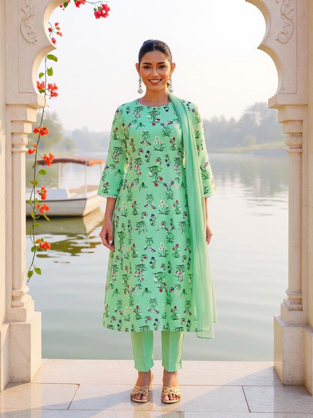 SZN Floral Printed Keyhole Neck Straight Kurta With Trouser And Dupatta