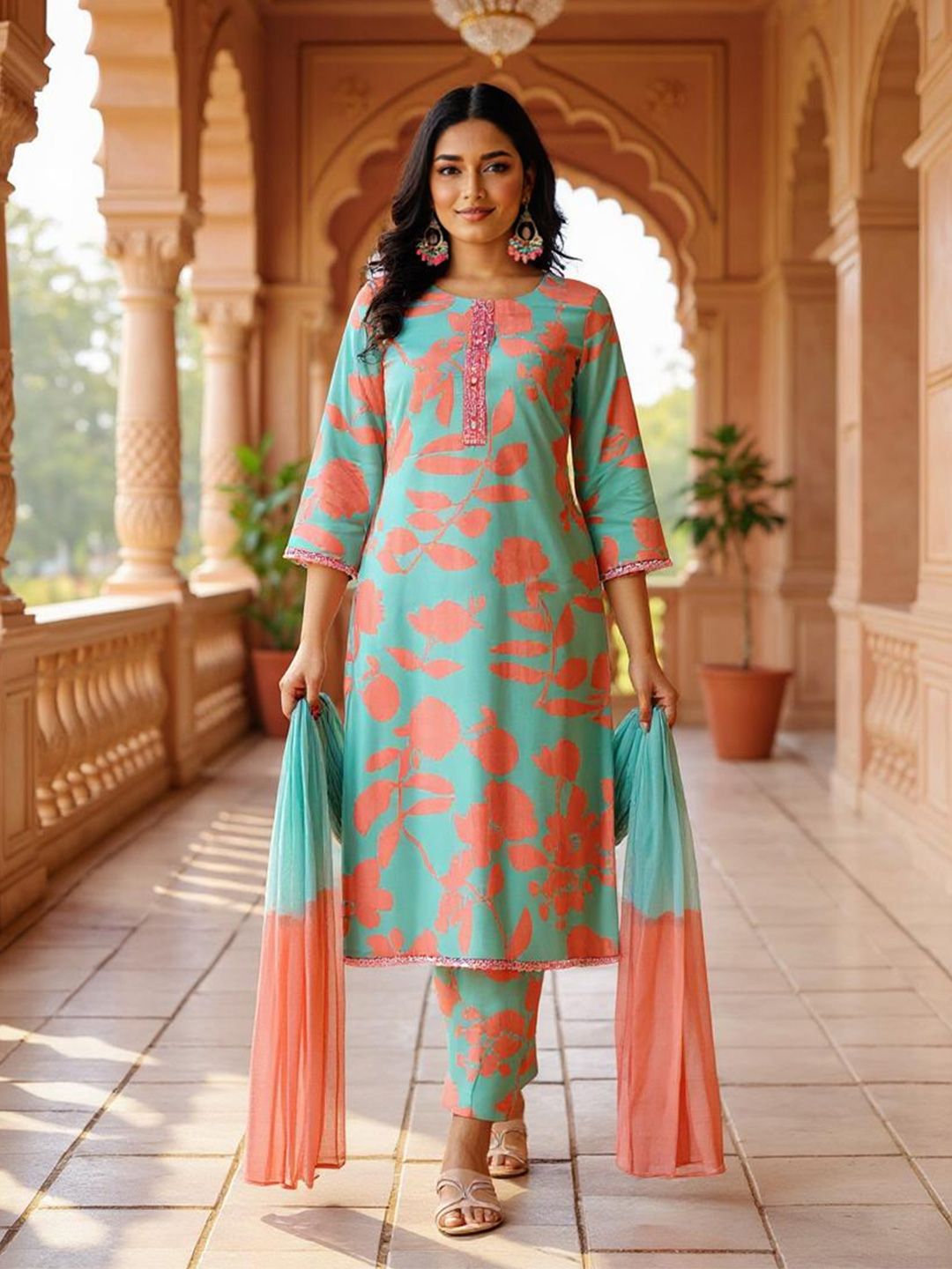 SZN Floral Printed Straight Kurta With Trouser And Dupatta