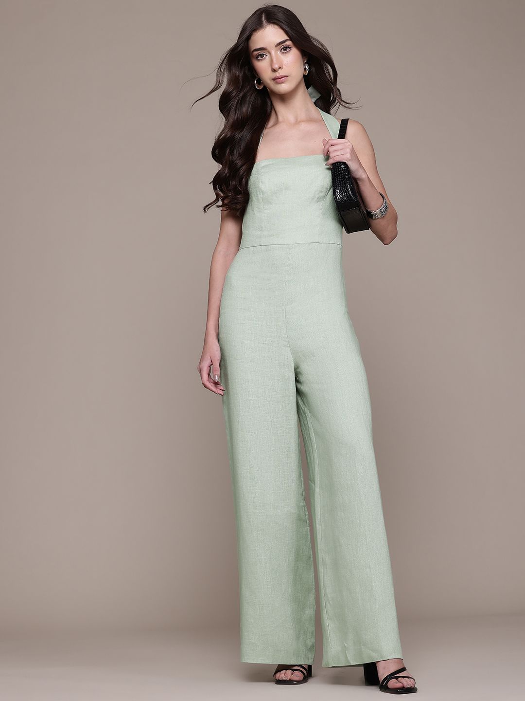 MANGO Halter Neck Smocked Linen Basic Jumpsuit