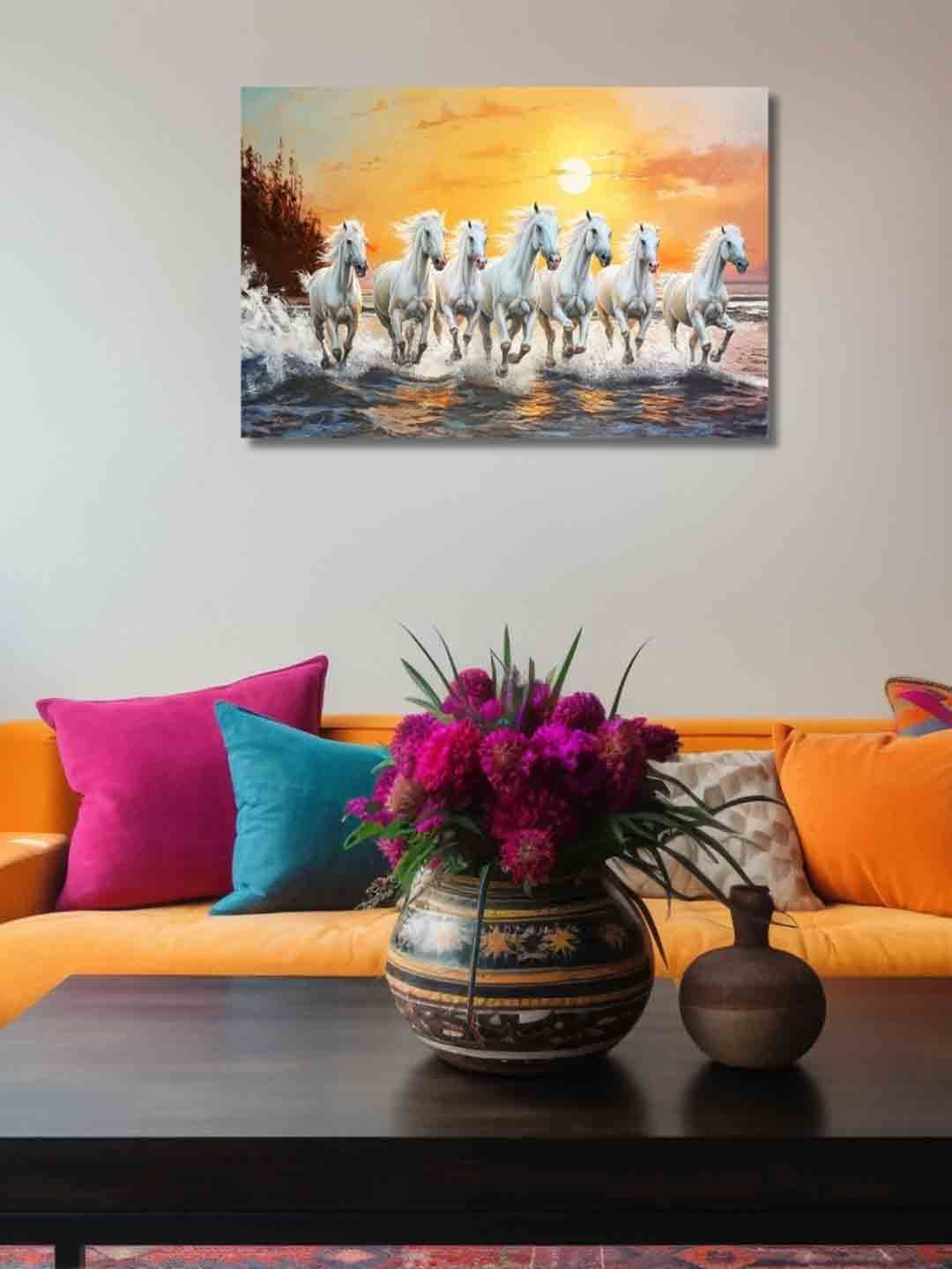 Viventiq White & Orange Seven Horse Canvas For Home Without Frame Wall Art-image-30