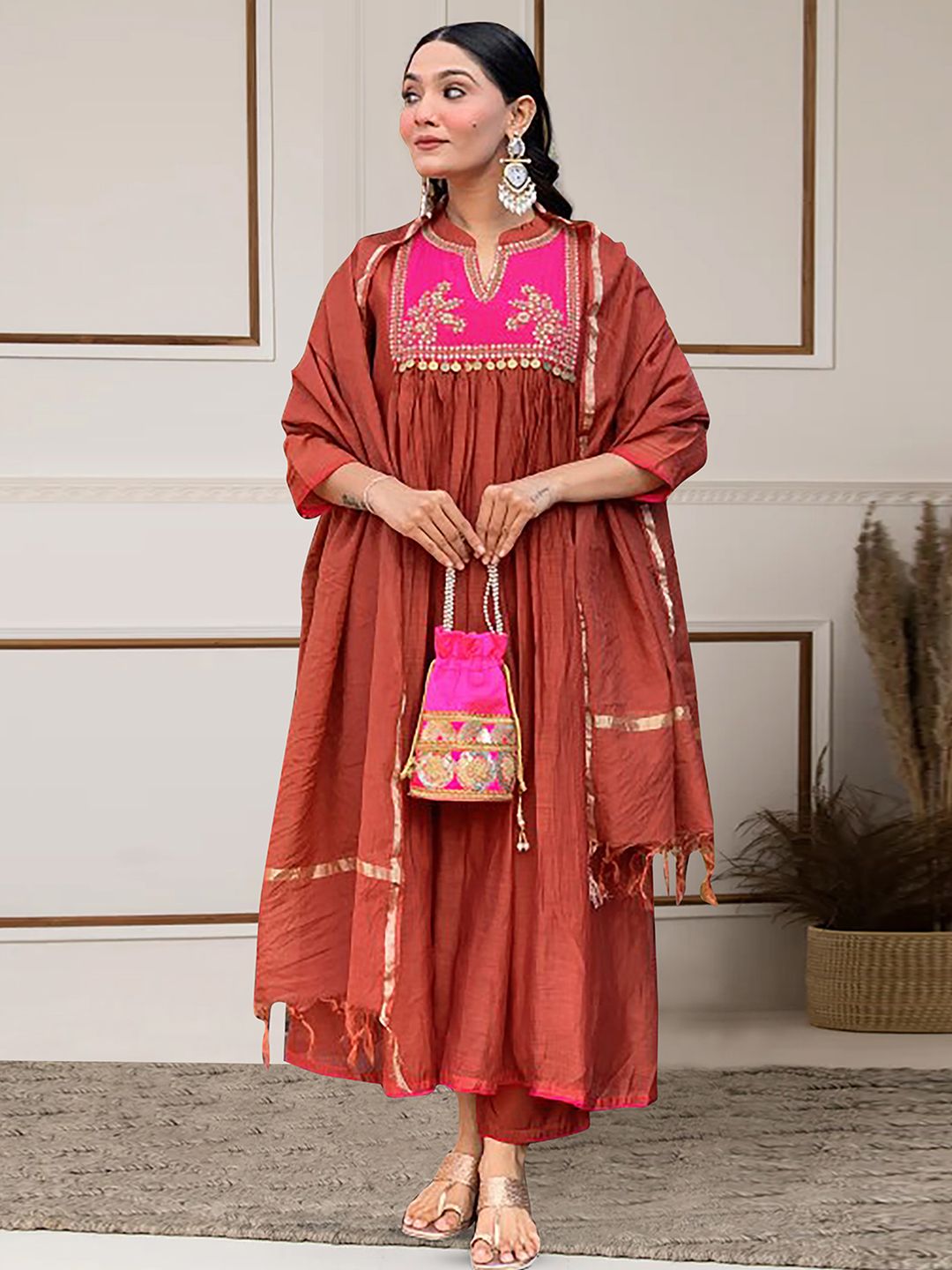 BAESD Floral Yoke Design Mandarin Collar Sequinned Straight Kurta With Trousers & Dupatta