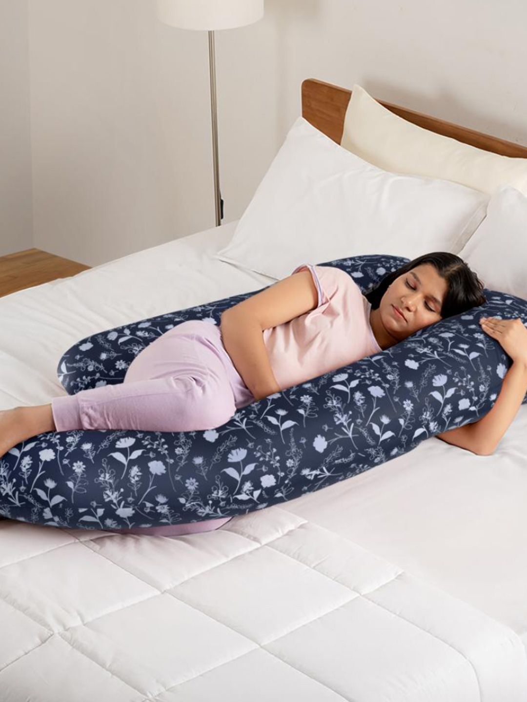 wakefit Navy Blue & White Floral Printed Fibre Filled Pure Cotton Maternity Pillow