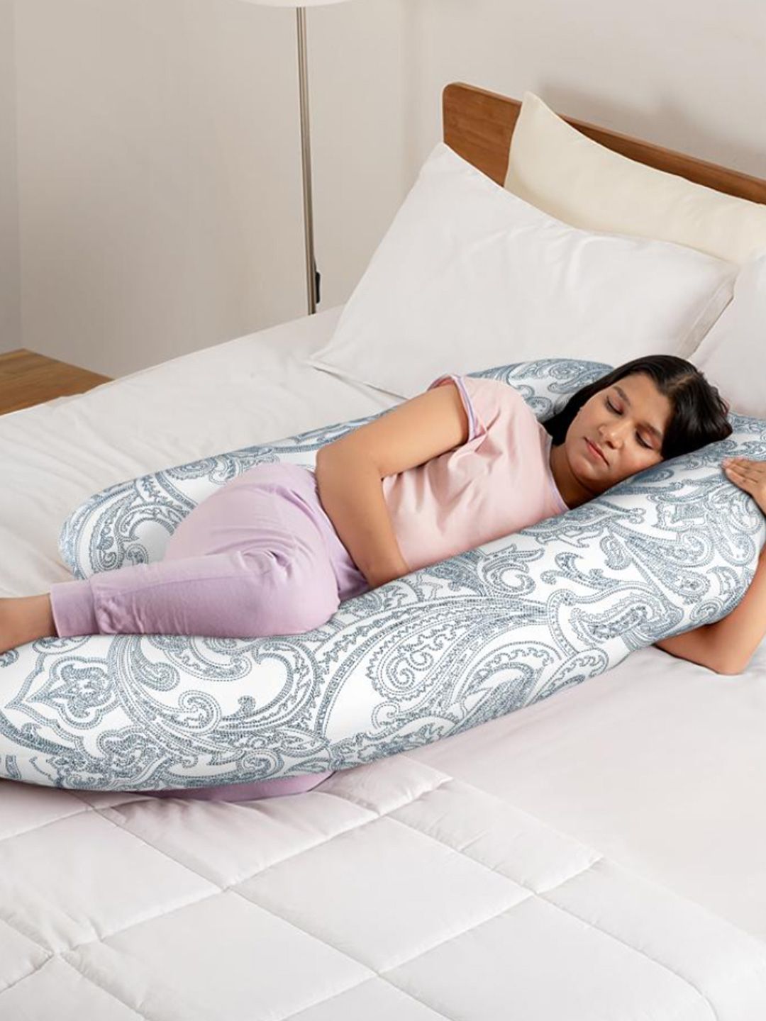 wakefit White & Grey Paisley Printed Fibre Filled Pure Cotton J Shaped Maternity Pillow-picture-22