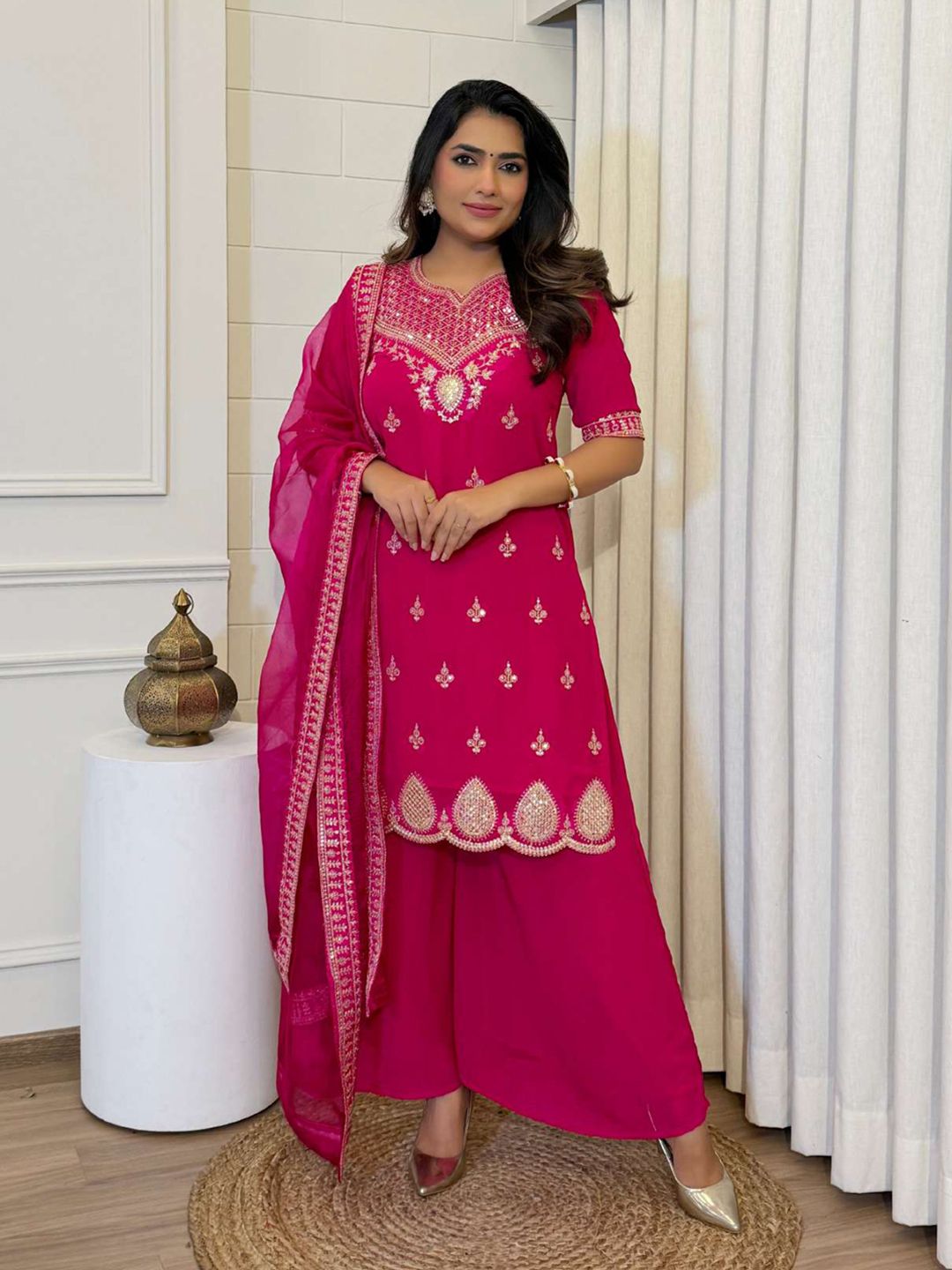 FOXENT Women Embroidered Regular Sequinned Pure Cotton Kurta with Palazzos & Dupatta