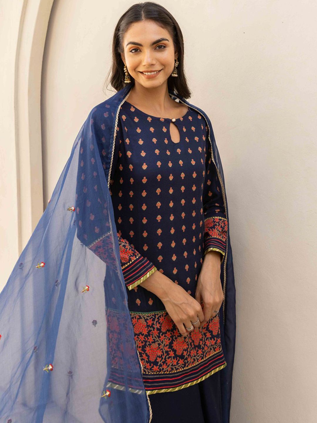 MAAND Floral Woven Design Keyhole Neck Straight Kurta With Palazzos And Dupatta