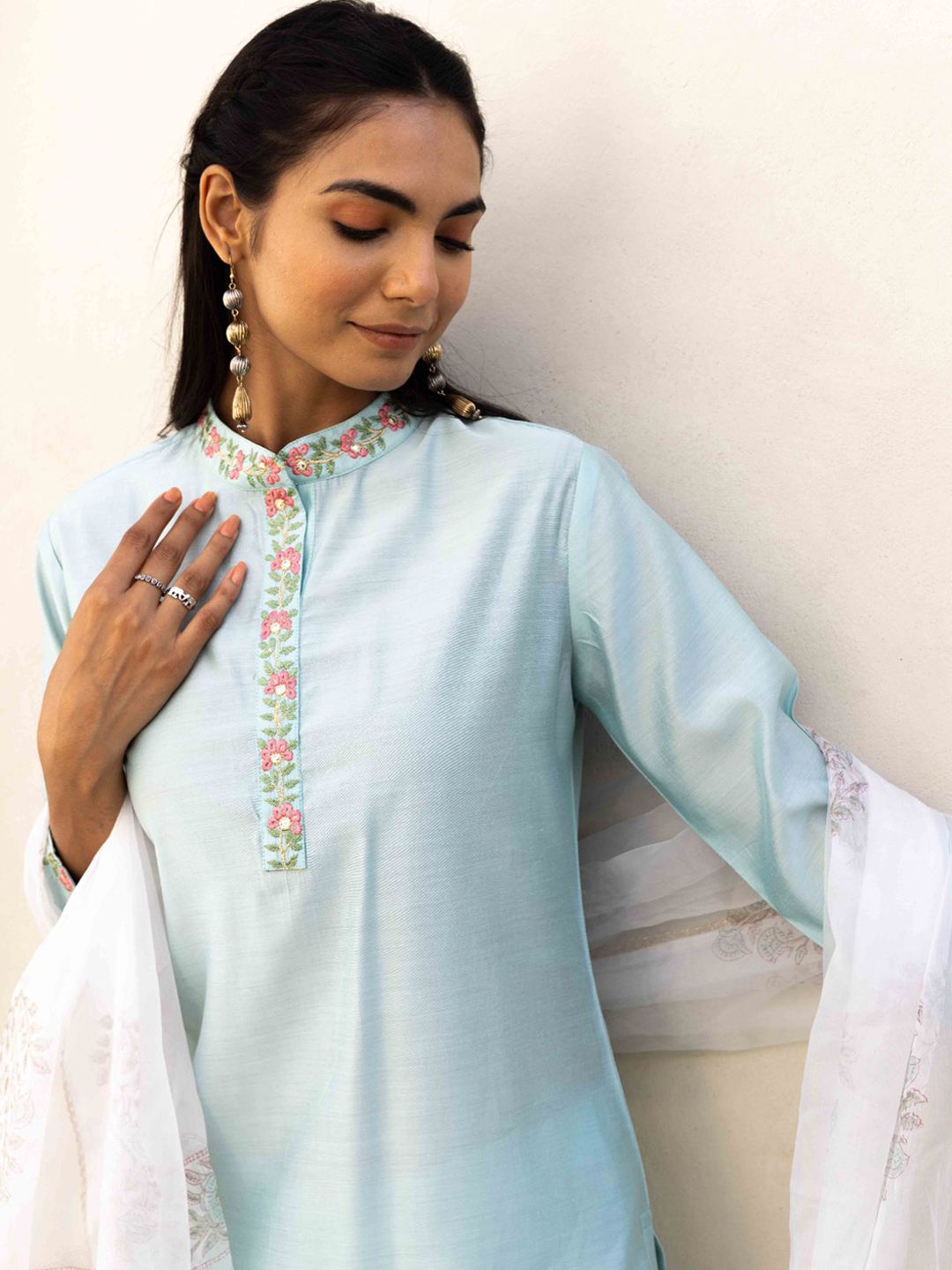 MAAND Women Floral Embroidered Silk Kurta with Trousers & Dupatta