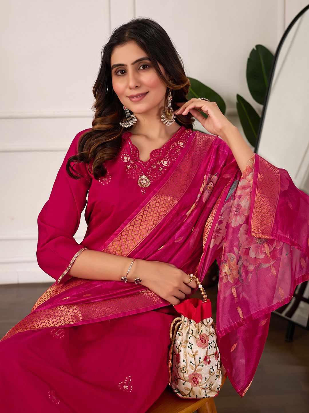 DRUPH & CO Women Floral Embroidered Kurta with Trousers & Dupatta