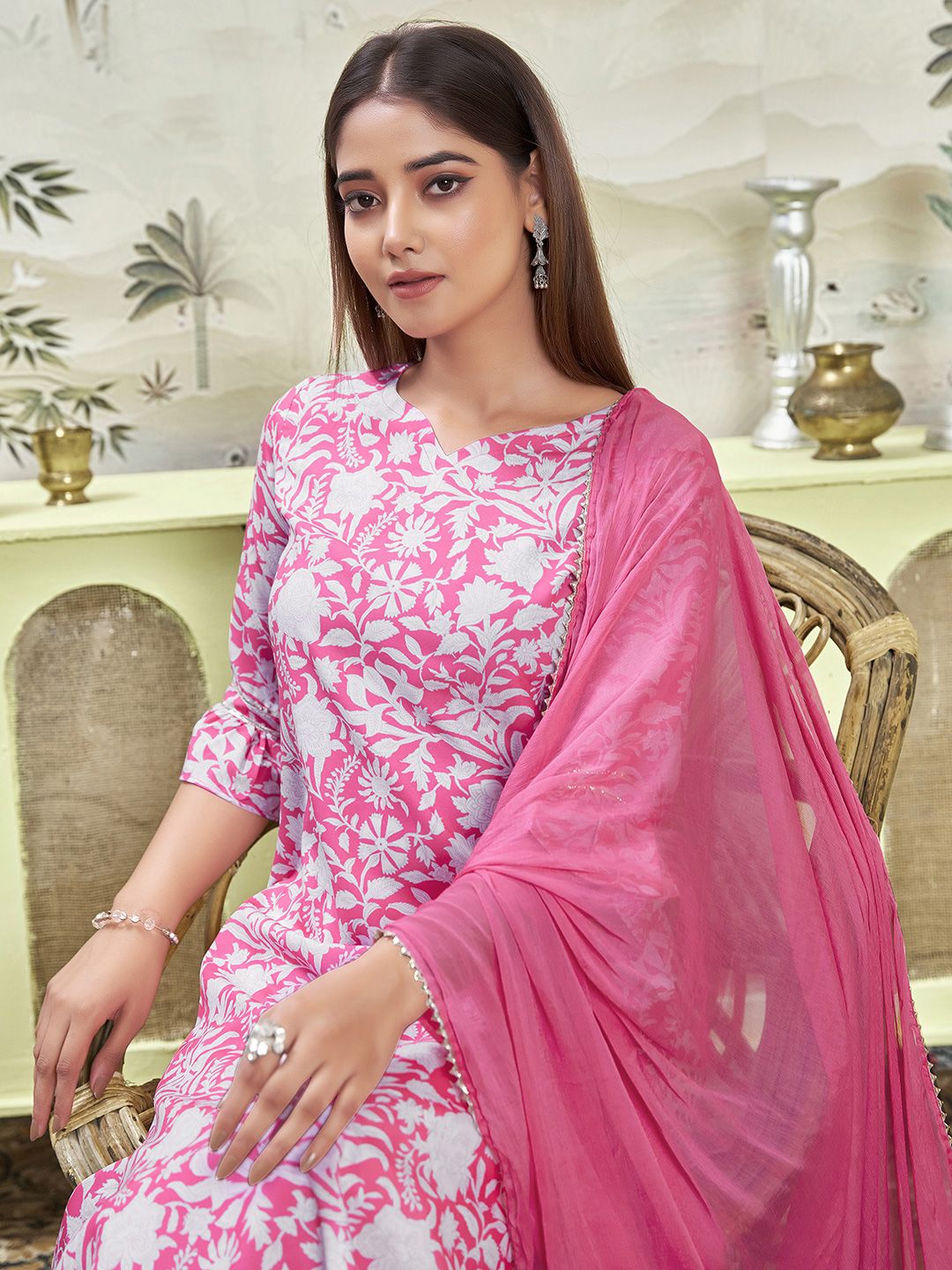 SANISA Women Ethnic Motifs Printed Regular Thread Work Kurta with Trousers & With Dupatta