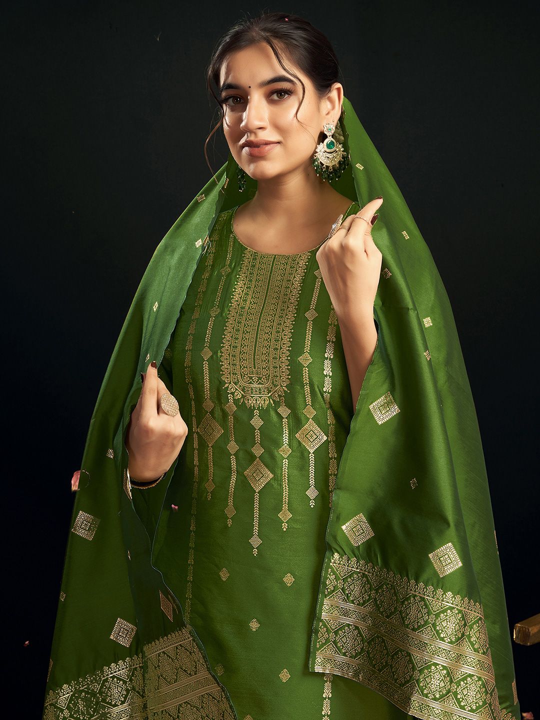 SANISA Geometric Woven Design Round Neck Straight Kurta With Trouser And Dupatta