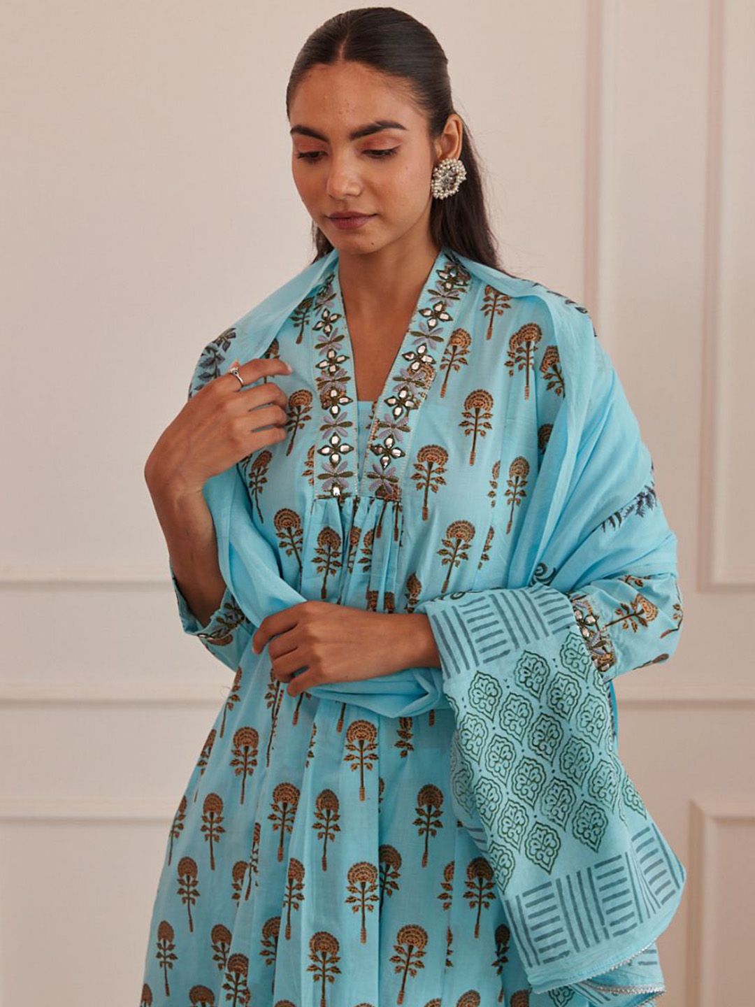 MAAND Ethnic Motifs Printed Pure Cotton Pleated Kurta With Trousers & Dupatta