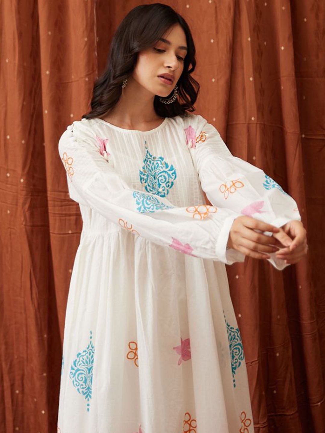 MAAND Ethnic Motifs Printed Sequinned Pleated Pure Cotton Kurta With Trousers