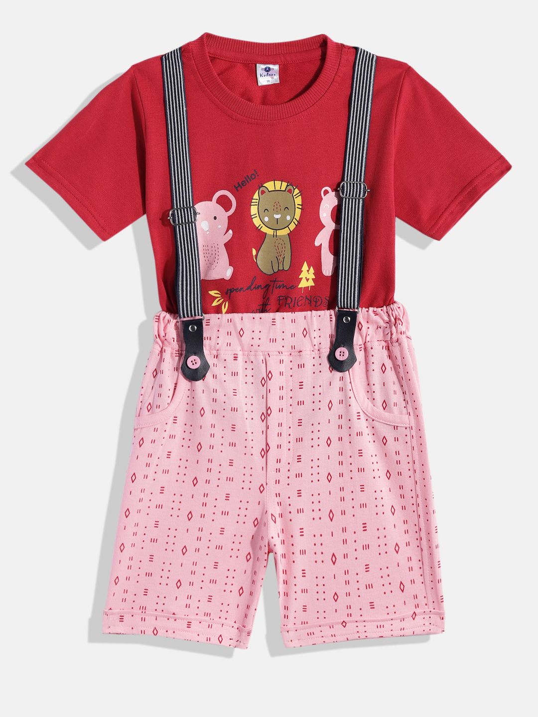 Kidszi Infant Boys Cotton T-shirt With Shorts & Suspenders-picture-36