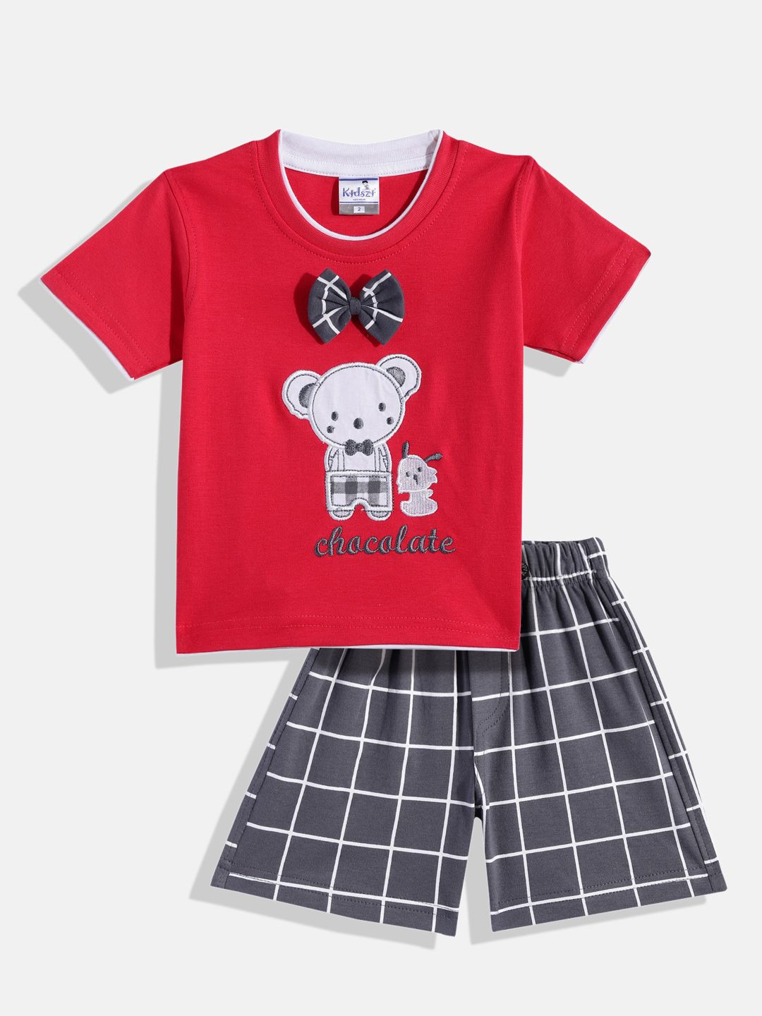 Kidszi Infant Boys Pure Cotton Embroidered Checked T-Shirt with Shorts-picture-28