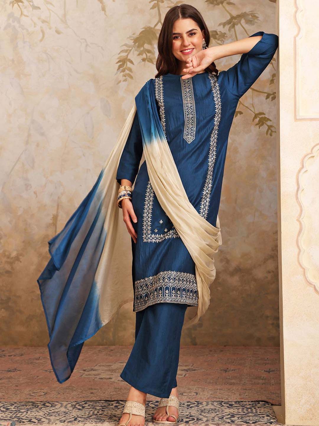 Sangria Women Ethnic Motifs Embroidered Kurta with Palazzos & With Dupatta